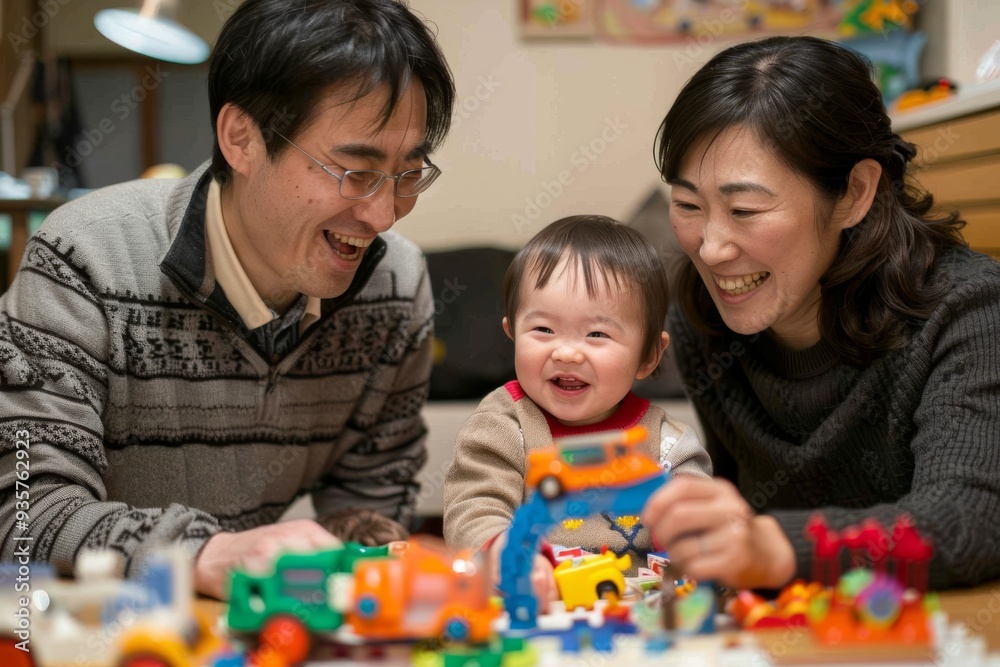 A man and a woman are playing with a baby and a toy truck A man and a woman are playing with a baby and a toy truck
