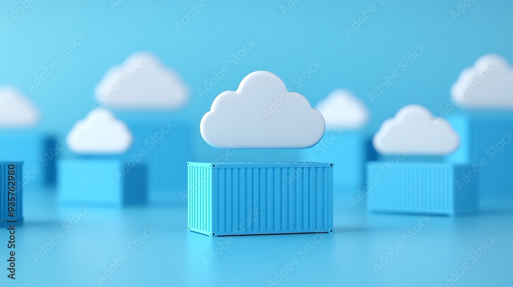 Cloud computing concept with cloud icons over shipping containers, symbolizing data storage and technology. Blue background. Cloud computing concept with cloud icons over shipping containers, symbolizing data storage and technology. Blue background.