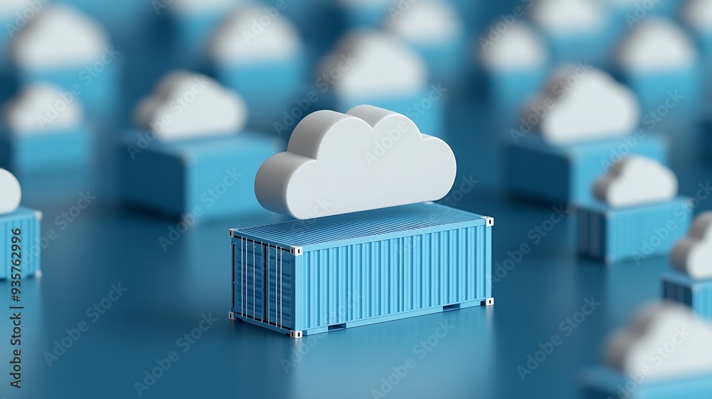Cloud computing concept with clouds and shipping containers representing server infrastructure, highlighting data storage and virtualization.