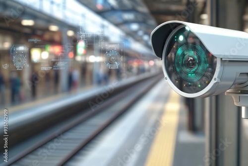 Surveillance camera with futuristic digital overlay at a train station