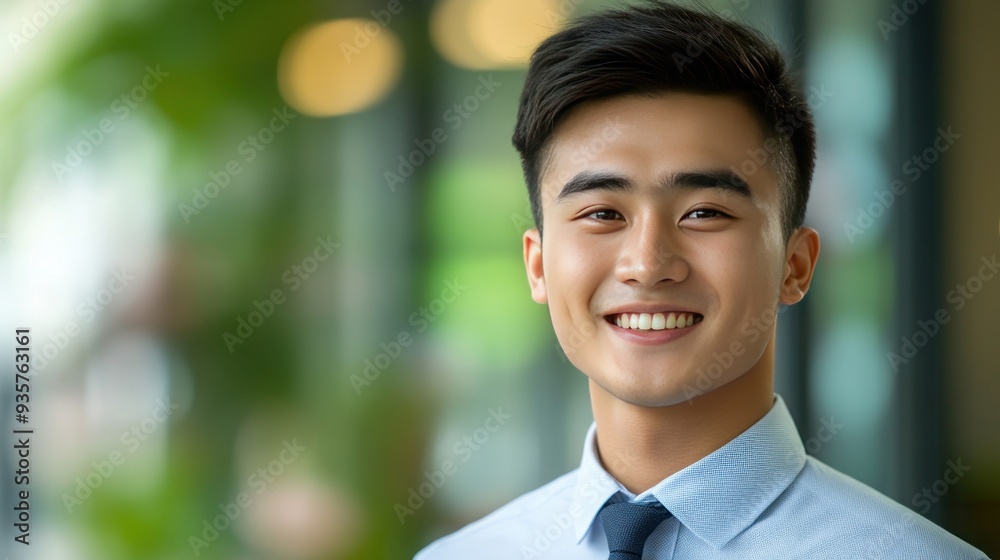 Portrait of a smiling young Asian man wearing a blue shirt and tie, standing in front of a blurry green background. Portrait of a smiling young Asian man wearing a blue shirt and tie, standing in front of a blurry green background.
