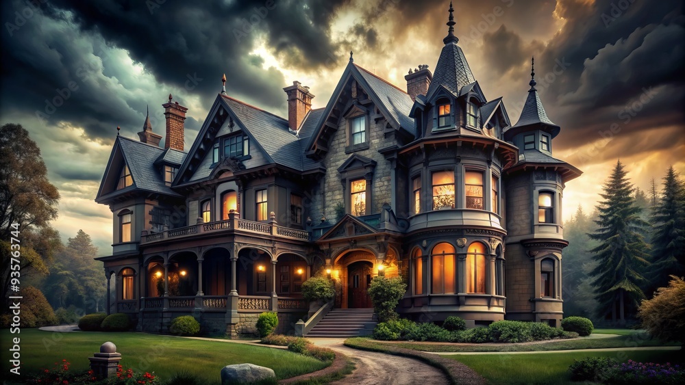 Fototapeta premium Amidst the whispers of forgotten histories, a foreboding Victorian mansion emerges, its Gothic Revival presence infused with a sense of eerie romance, as if the very shadows themselves held secrets 