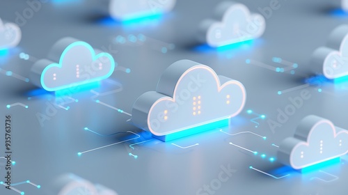 Cloud computing concept with multiple digitally illustrated clouds connected, representing data storage and technology.