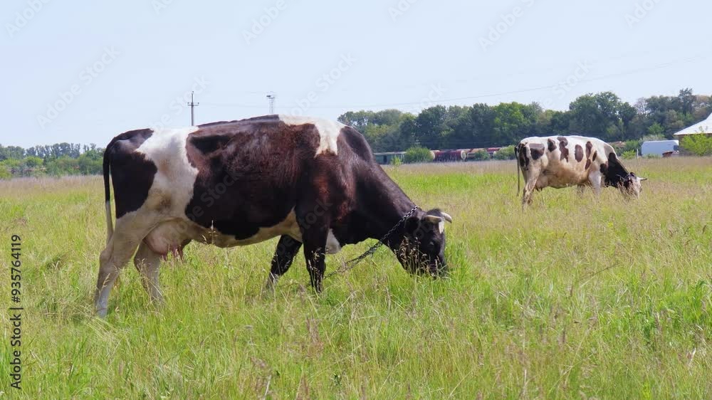 Grazing cows enjoy a sunny afternoon in a lush green field, showcasing farm life in rural landscapes