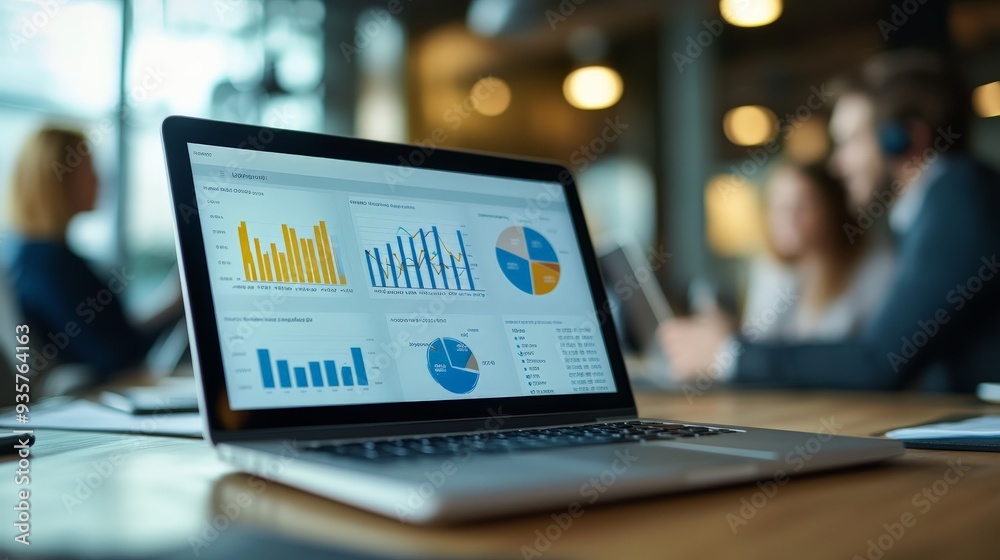 The image portrays a modern office environment with professionals in a meeting. The laptop displaying various data charts and graphs is the main focus of the image. The image portrays a modern office environment with professionals in a meeting. The laptop displaying various data charts and graphs is the main focus of the image.