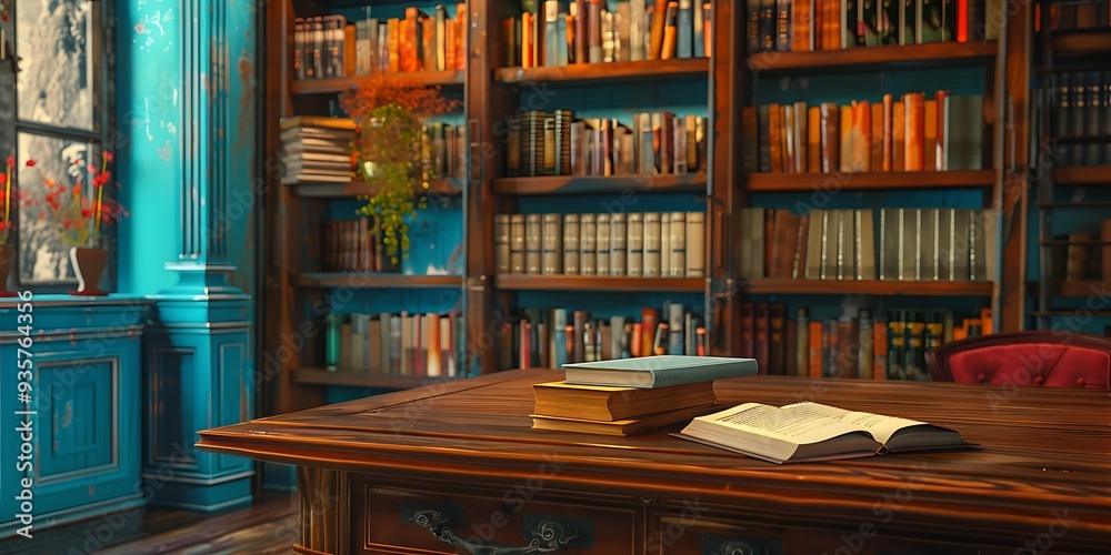 Traditional library office with wooden table and colorful background Traditional library office with wooden table and colorful background