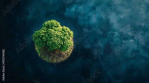 Aerial view of a small island with lush green vegetation in a deep blue lake, highlighting the contrast between land and water in a pristine environment.