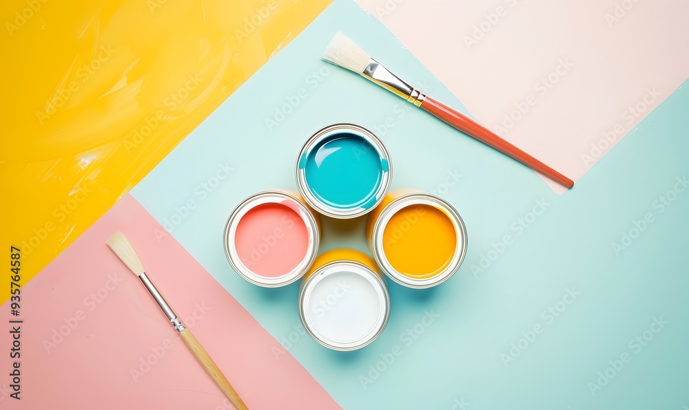 Banner with four open cans of paint with brushes on them on bright symmetry background. Yellow, white, pink, blue colors of paint. Top view. Banner with four open cans of paint with brushes on them on bright symmetry background. Yellow, white, pink, blue colors of paint. Top view.