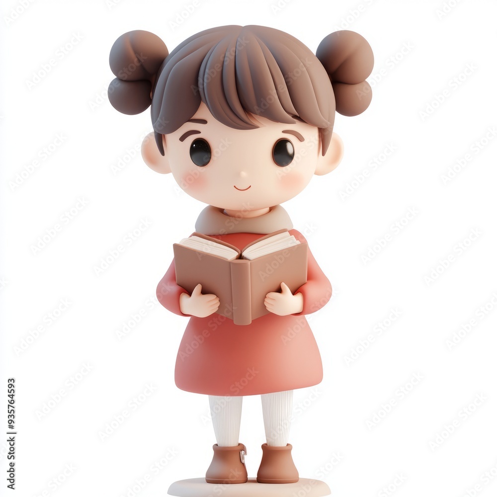 Kawaii Clay Girl Studying: 3D Rendered Icon in Retro Colors Kawaii Clay Girl Studying: 3D Rendered Icon in Retro Colors