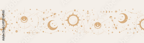 Trendy celestial seamless pattern, zodiac background hand drawn, stars, moon, space, great for textiles, wallpapers, surfaces - vector design