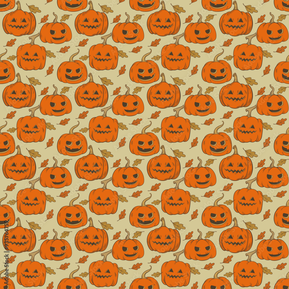 Seamless pattern with Halloween pumpkins and dry leaves on beige background. Trick or Treat wallpaper. Seamless pattern with Halloween pumpkins and dry leaves on beige background. Trick or Treat wallpaper.