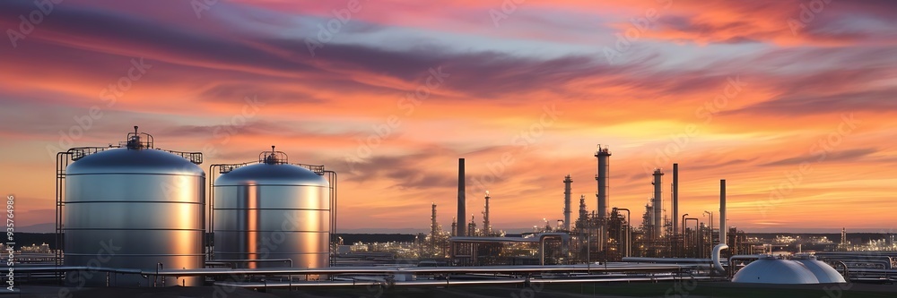 A large industrial plant with many tanks and a large truck A large industrial plant with many tanks and a large truck