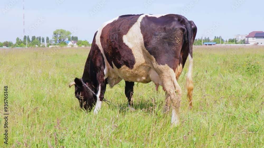 A peaceful afternoon grazing on lush green grass by a cow in the countryside during a sunny day A peaceful afternoon grazing on lush green grass by a cow in the countryside during a sunny day