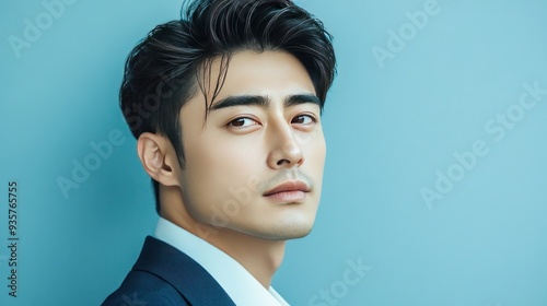 Close-up portrait of a handsome young man in a suit, looking thoughtfully towards the right side of the frame, against a blue background.