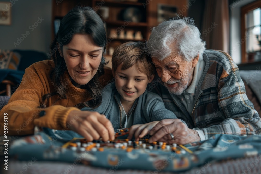 A family of three, a woman, a man and a child, are playing a board game together A family of three, a woman, a man and a child, are playing a board game together