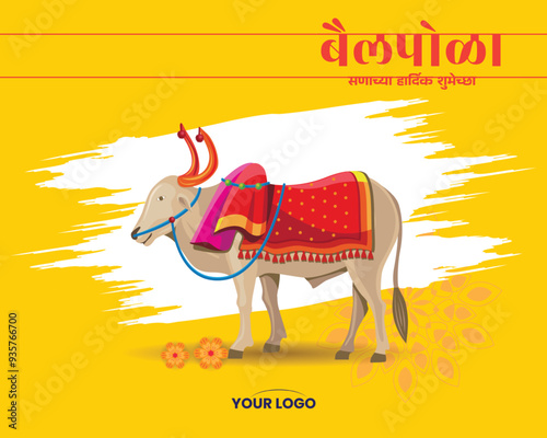 Vibrant Yellow Bail Pola Poster with Decorated Ox and Marathi Text photo