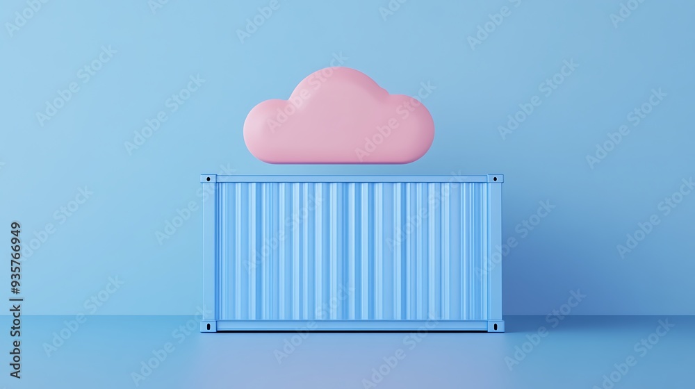 Conceptual image of cloud computing technology with pink cloud and blue shipping container on a light blue background. Conceptual image of cloud computing technology with pink cloud and blue shipping container on a light blue background.