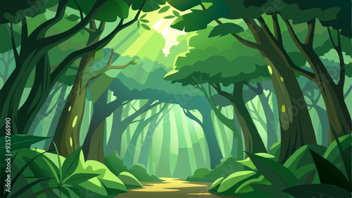 Green Forest Background with lots of Tress, Plants and Sun Rays Touching the Plants and Trees.