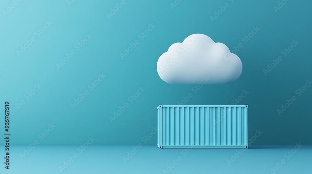 Creative 3D illustration of a cloud hovering over a shipping container against a blue background. Concept of cloud computing and data storage. Creative 3D illustration of a cloud hovering over a shipping container against a blue background. Concept of cloud computing and data storage.