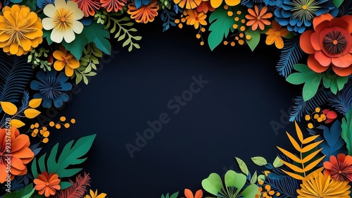 Vibrant floral border design featuring colorful paper flowers and greenery on a dark background, perfect for invitations or presentations.