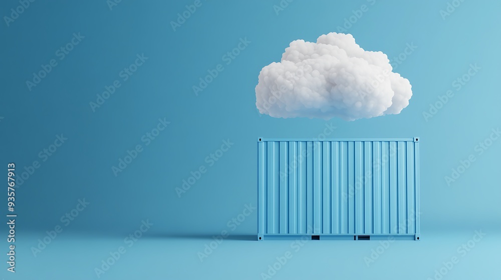 Creative concept of a cloud above a shipping container on a blue background, representing cloud storage or cloud computing. Creative concept of a cloud above a shipping container on a blue background, representing cloud storage or cloud computing.