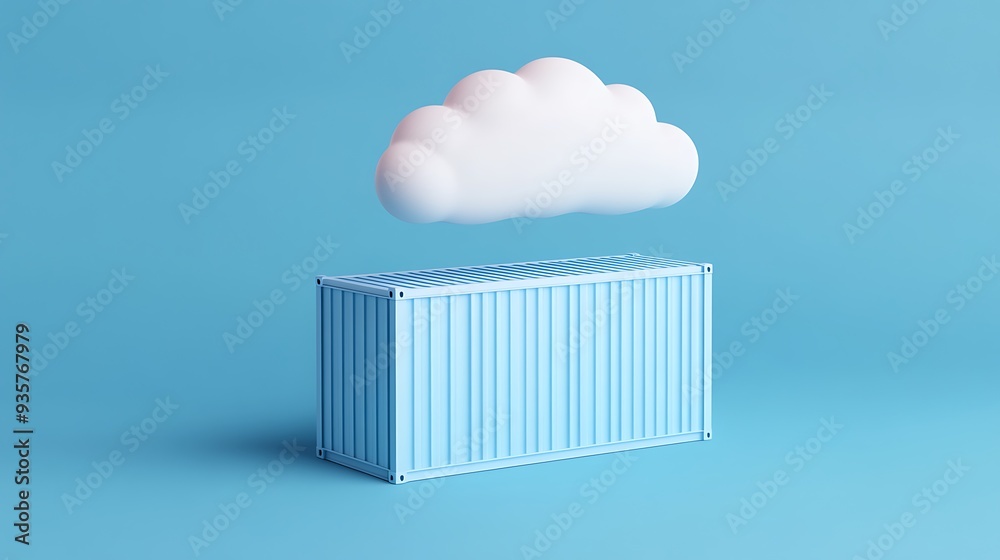 Creative concept of cloud computing with a white cloud over a blue cargo shipping container on a blue background. Creative concept of cloud computing with a white cloud over a blue cargo shipping container on a blue background.
