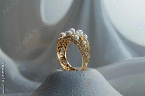 The Gothic style ring with small pearls, reflecting architectural influence, is set against a minimalist background. photo