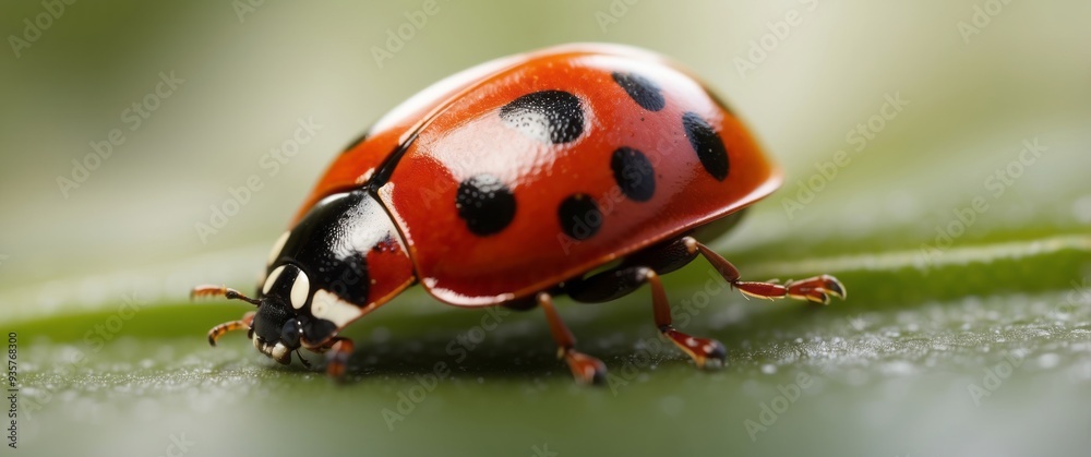 Obraz premium A Red Ladybug Crawling on a Green Leaf