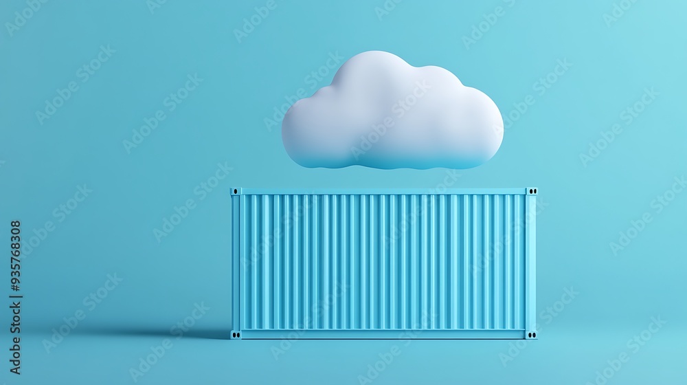 Creative image of a cloud above a shipping container on a blue background symbolizing cloud computing and logistics. Creative image of a cloud above a shipping container on a blue background symbolizing cloud computing and logistics.