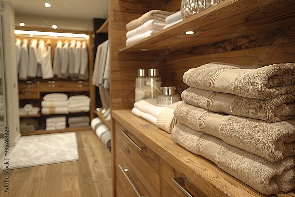 Wooden shelf with a stack of towels on it Wooden shelf with a stack of towels on it