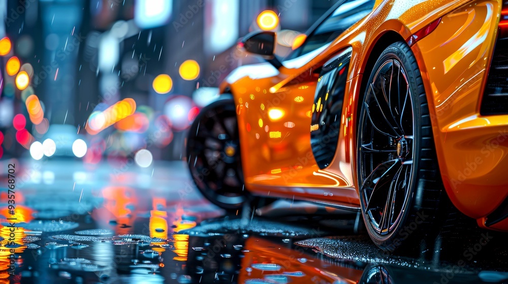 Orange Sports Car Parked in Rainy City at Night Orange Sports Car Parked in Rainy City at Night