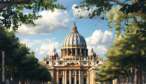 The dome of St. Peter's Basilica in the Vatican is surrounded by trees and there are clouds in the sky. It is peaceful and beautiful. #935768915