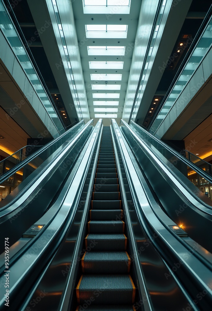Clean and contemporary overhead shot of an escalator, providing a versatile image for a variety of design applications Clean and contemporary overhead shot of an escalator, providing a versatile image for a variety of design applications