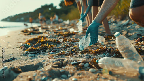 Volunteers clean up ocean debris on a sunny beach at sunset