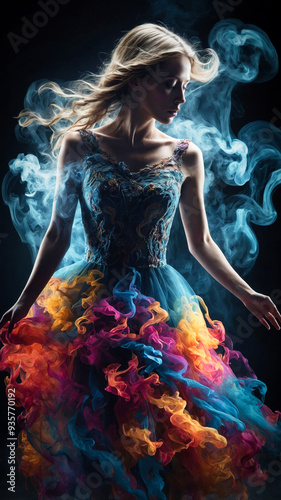 An ethereal young woman figure surrounded by smoke