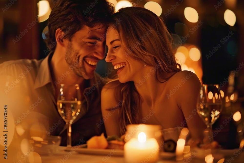 A couple is sitting at a table with candles and wine glasses A couple is sitting at a table with candles and wine glasses