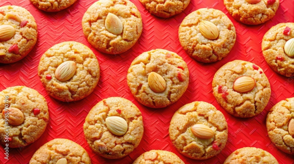Colorful almond coconut cookies on red backdrop Popular confection delicious to go snack Colorful almond coconut cookies on red backdrop Popular confection delicious to go snack