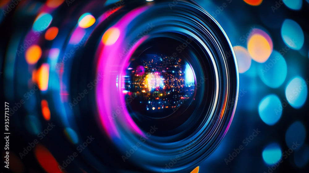 Abstract video camera lens with colorful lights. Concept of digital media production in cinema and television. Abstract video camera lens with colorful lights. Concept of digital media production in cinema and television.
