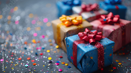 a group of wrapped presents decorated with bow and confetties on floor

 photo