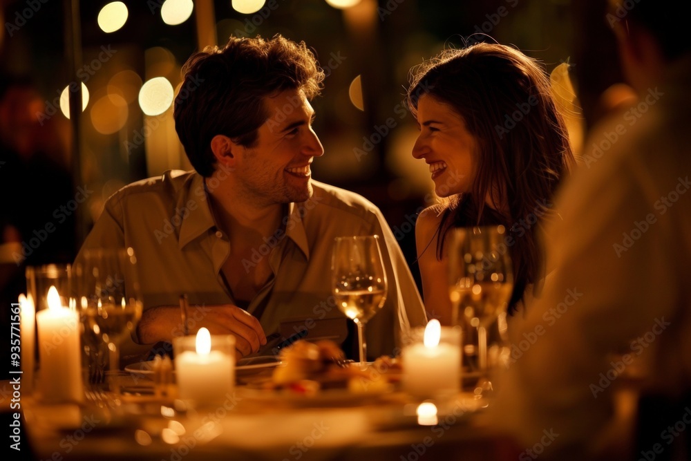A couple is sitting at a table with candles and wine glasses A couple is sitting at a table with candles and wine glasses