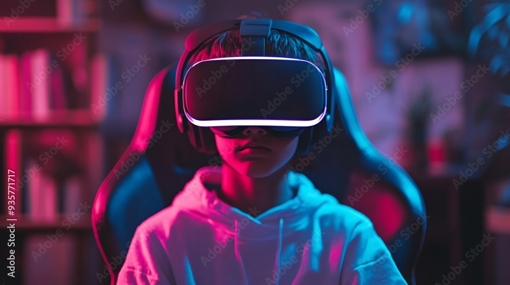 A teenager in a gaming chair, immersed in a virtual world with a headset, connecting and strategizing with friends worldwide Stock Photo with copy space A teenager in a gaming chair, immersed in a virtual world with a headset, connecting and strategizing with friends worldwide Stock Photo with copy space