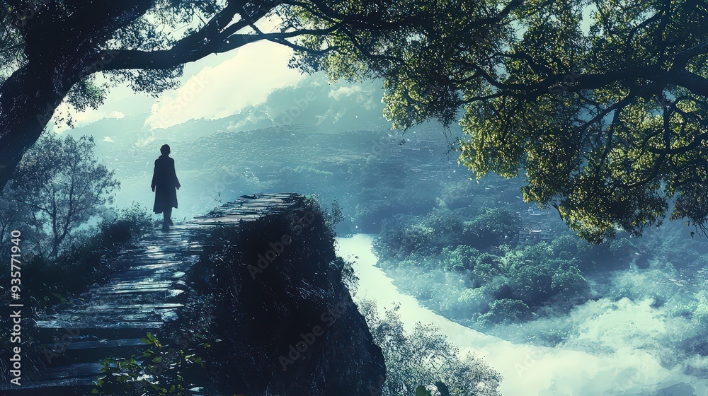 Obraz premium A lone figure stands on a cliff overlooking a misty valley. The view is framed by lush green trees and the morning sun shines through the foliage.