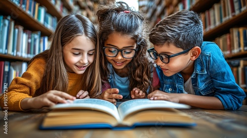 A group of children gathered around a tablet, participating in a virtual classroom, learning together despite being miles apart Stock Photo with copy space