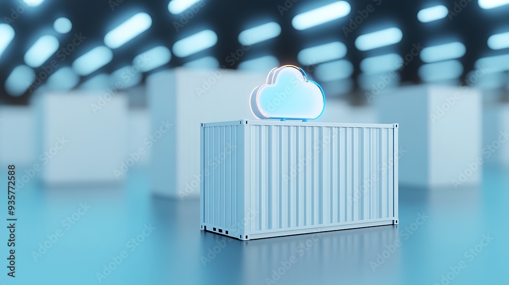 Digital cloud storage concept with a container in a futuristic data warehouse. Modern technology and data management visualization. Digital cloud storage concept with a container in a futuristic data warehouse. Modern technology and data management visualization.