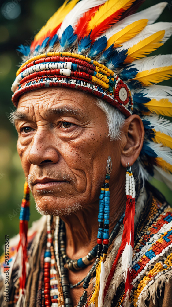 Obraz premium An old Native American man with a headdress