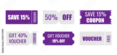Coupon discount set. Gift voucher, promotion element template for design. Vector illustration isolated white background