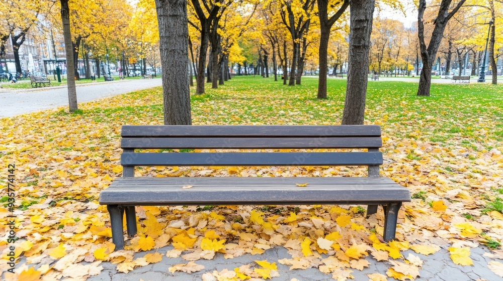 A serene park setting showcases stunning autumn colors as trees shed their leaves. An empty bench offers a perfect spot for relaxation along a charming cobblestone path A serene park setting showcases stunning autumn colors as trees shed their leaves. An empty bench offers a perfect spot for relaxation along a charming cobblestone path