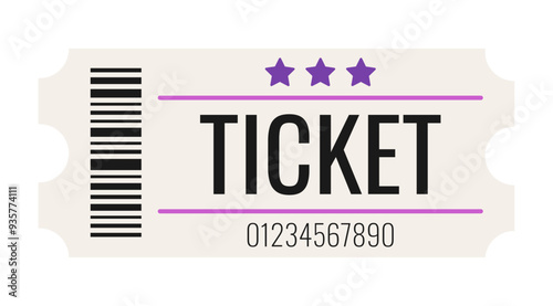 Ticket with bar code. Vintage, retro ticket concert and festival event, movie theater coupon. Vector paper and digital samples icon.