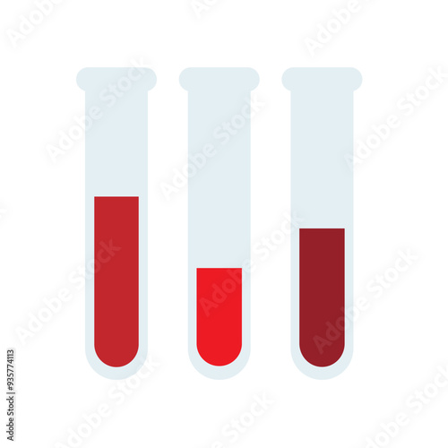Set of medical glass test tube with blood. Bloody components. Vector flat  illustration isolated on white background. Laboratory medical analysis icon. 