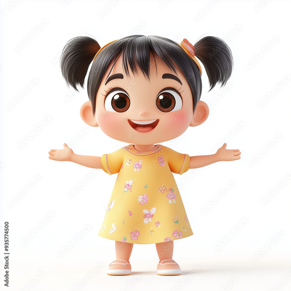 A cheerful animated character features round eyes and pigtails, while standing with arms wide open, exuding happiness. A cheerful animated character features round eyes and pigtails, while standing with arms wide open, exuding happiness.